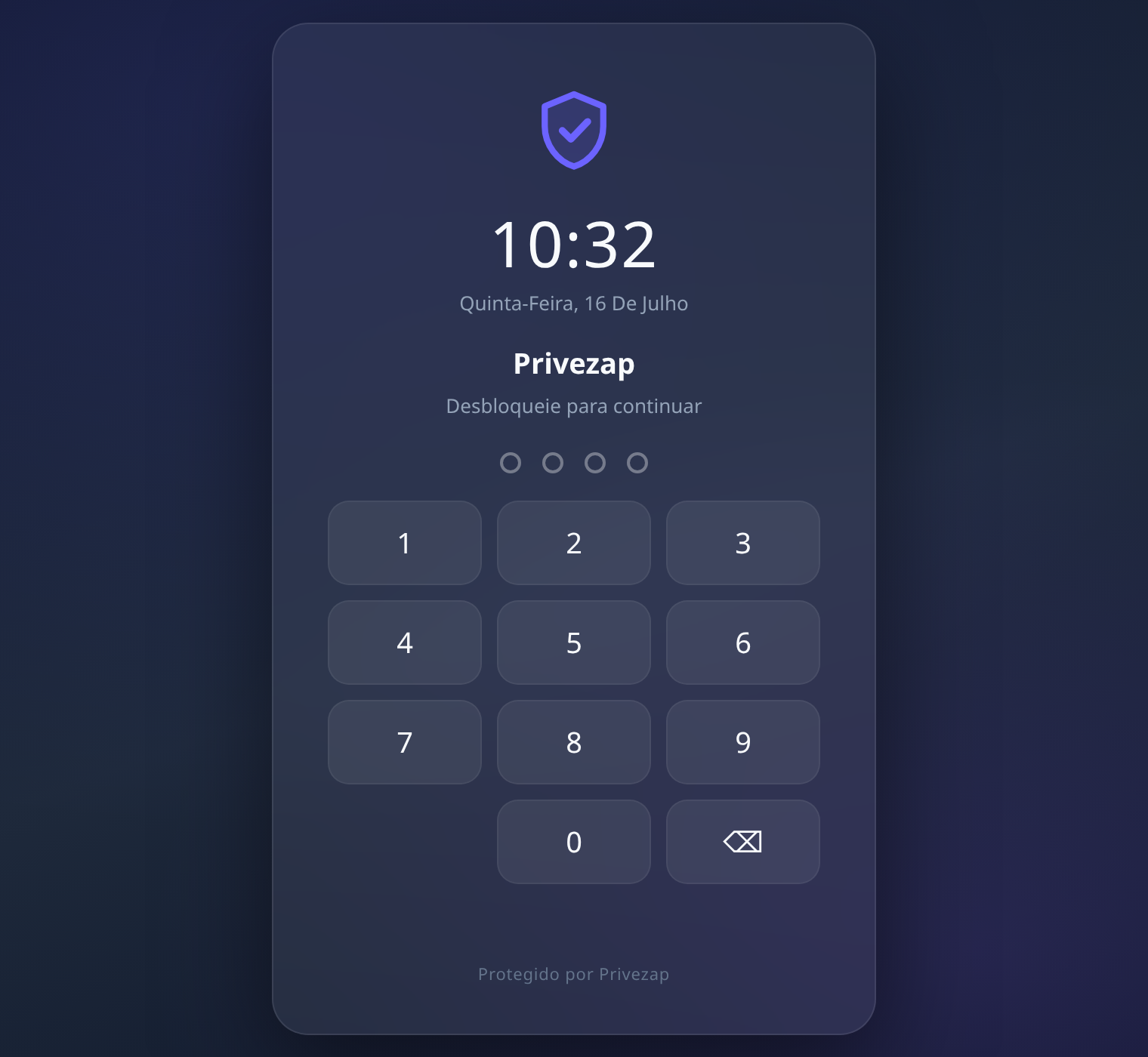 Tela de bloqueio do Privezap cobrindo o WhatsApp Web, com relógio e teclado de PIN