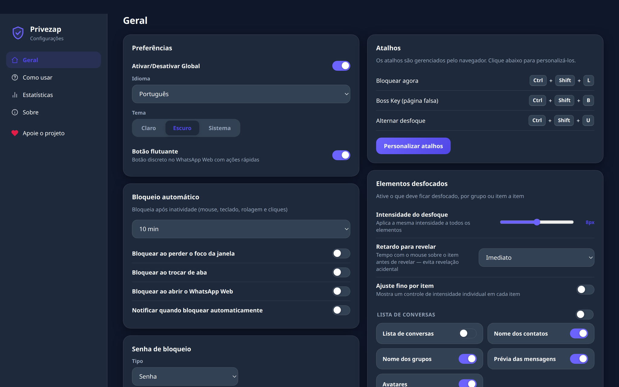 Painel de configurações do Privezap com todos os controles em uma única tela